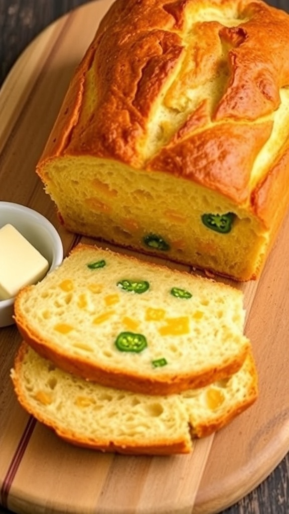A golden loaf of jalapeño cheddar bread sliced to show cheese and jalapeños, on a wooden board with butter.